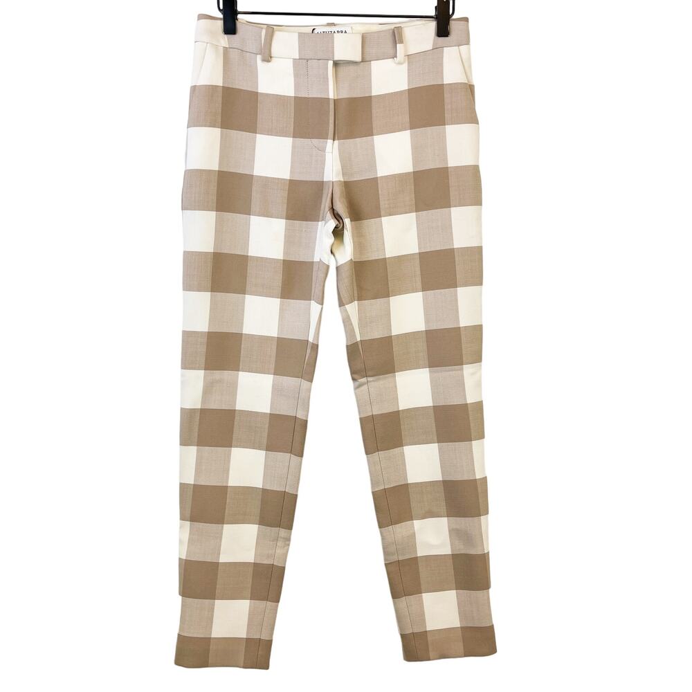 NWT Altuzarra Size 34 Womens Henri Pant Gingham Beige Cream Mid-Rise Slim